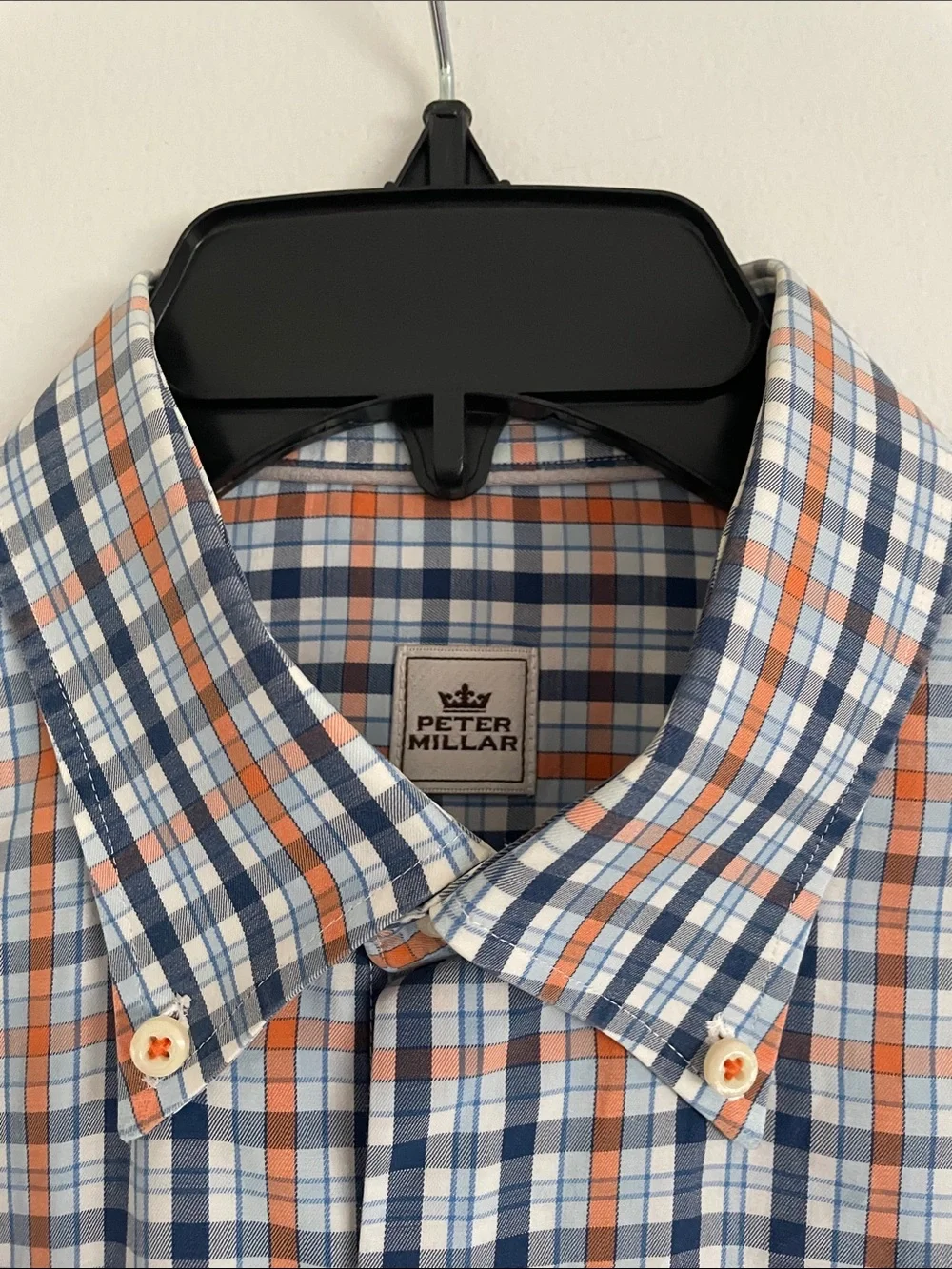 Peter Millar Men's Blue and Orange Plaid Button-Down Shirt